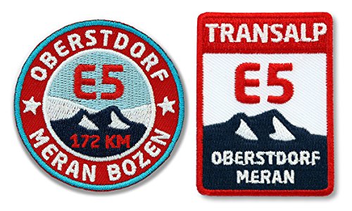 2er-Set E5 Abzeichen 45 x 60 mm gestickt/Transalp Oberstdorf Meran Fern-Wanderweg Alpencross Alpenüberquerung/Aufnäher Aufbügler Sticker Bügelbild Patch Rucksack Wanderführer Reiseführer von Club of Heroes