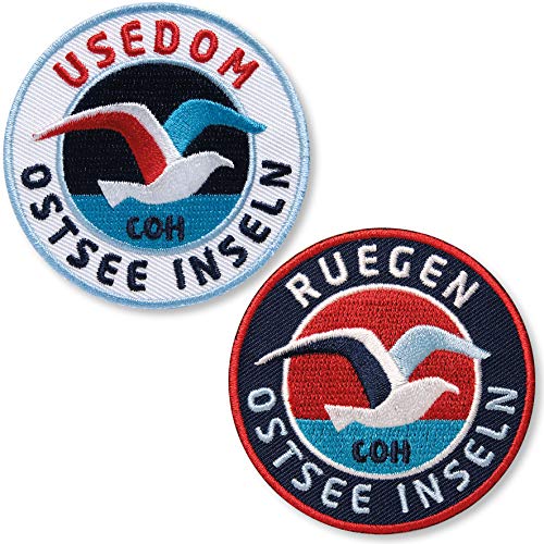 2er-Set Rügen + Usedom Aufnäher gestickt 62 mm/Ostsee Insel Vorpommern Möve Meer Strand Seebad Polen/Patch Aufbügler Abzeichen Bügelbild zum Aufbügeln Aufnähen auf Kleidung Jacke Reiseführer von Club of Heroes