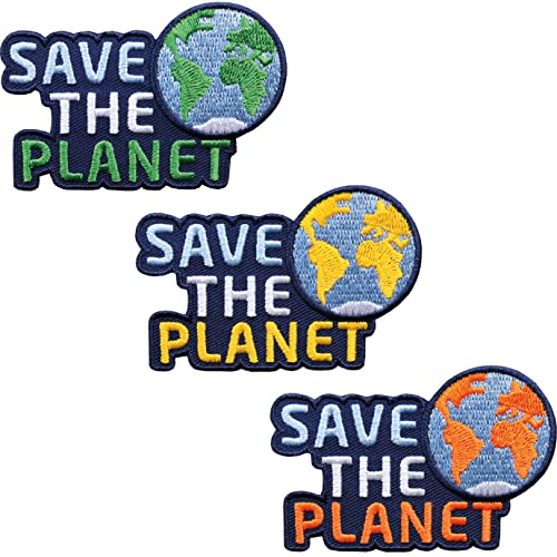 3er-Set, Save the Planet Patch 70 x 46 mm gestickt/Aufbügler Aufnäher Bügel-Flicken aufbügeln aufnähen/Nachhaltigkeit Umwelt Natur Erde Klima Artenschutz Naturschutz Klimaschutz (Set 1) von Club of Heroes