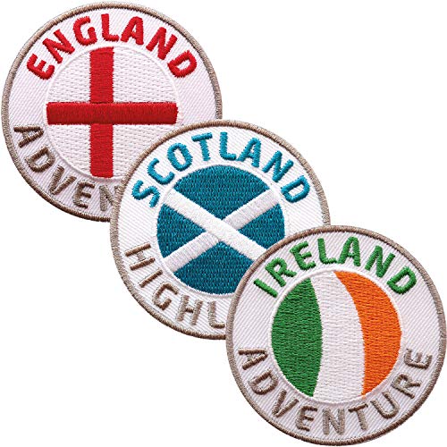 3er Set England + Schottland + Irland Abzeichen 60 mm gestickt / UK Großbritannien Aufnäher Aufbügler Sticker Flicken Bügelbild Patch / Reiseführer Flagge Fahne Flagg Karte Wandern Wanderführer Wales von Club of Heroes