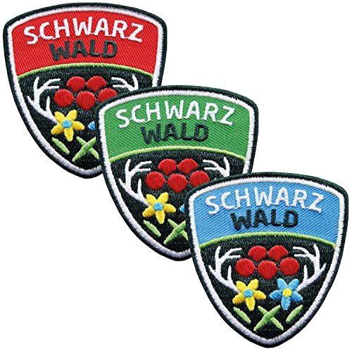 3er-Set Schwarzwald Patches 55 x 61 mm/hochwertig gestickte Aufnäher Aufbügler Wappen/Patch für Kleidung Tracht Mode Rucksack Erwachsene/Bollenhut Hirsch-Geweih (Set) von Club of Heroes