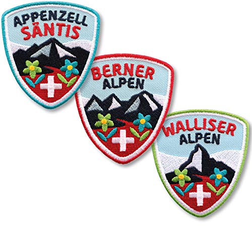 3er-Set Schweizer Alpen Aufnäher 55 x 60 mm gestickt/Schweiz Bergtour Appenzeller + Berner + Walliser Alpen/Bergsteigen Wandern Klettern Reiseführer/Aufbügler Patch Flicken Wappen von Club of Heroes