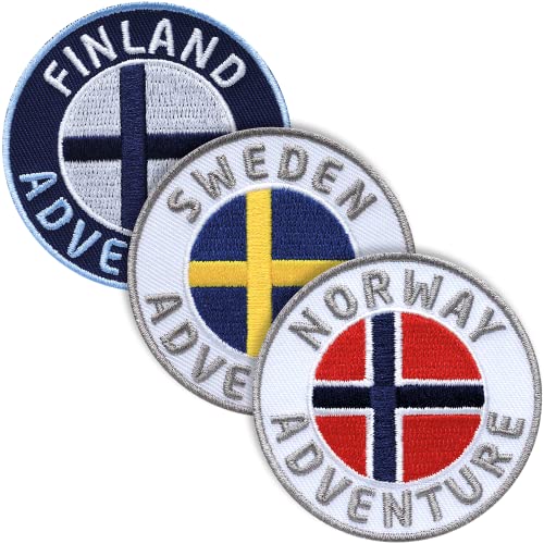 3er-Set Skandinavien Abzeichen gestickt 60 mm/Schweden Finnland Norwegen/Abenteuer Trekking Wandern Flagge Wappen Kreuz/Aufnäher Aufbügler Sticker Patch/Reiseführer Wanderführer Buch Karte von Club of Heroes