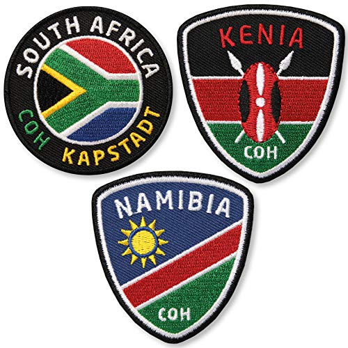 3er-Set Südafrika, Namibia, Kenia Aufnäher 62 mm gestickt/Afrika Safari Flagge Flag Patch Aufbügler Flicken Bügelbild/Reise Reiseführer Buch von Club of Heroes