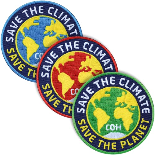 3er-Set, Save the Planet Patches gestickt 62 mm/Patch zum Aufbügeln Aufnähen/Natur Umwelt Klima Erde Naturschutz Klimaschutz Klimawandel CO2 Climate Action/Club of Heroes von Club of Heroes