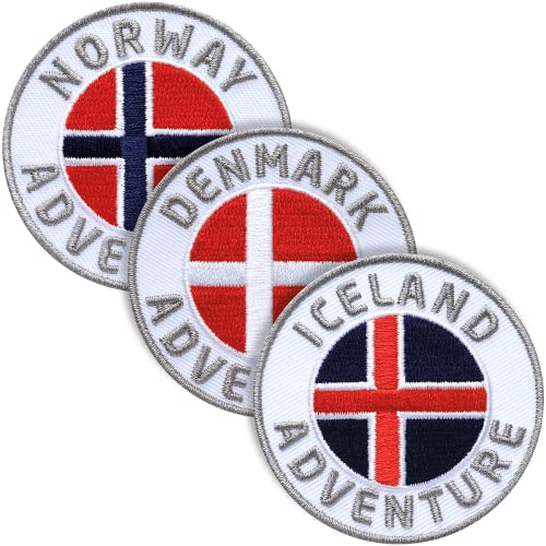 3er-set Abzeichen gestickt 60 mm/Skandinavien Set Island Dänemark Norwegen Abenteuer/Outdoor Wandern Flagge Wappen Kreuz/Aufnäher Aufbügler Sticker Patch/Reiseführer Wanderführer Buch Karte von Club of Heroes
