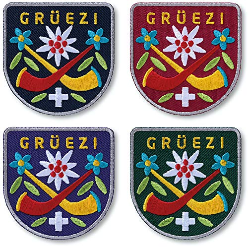 4 x Grüezi Patches gestickt 60 mm/Aufbügler Aufnäher Patch Flicken Bügelflicken Applikation/zum Aufbügeln Aufnähen auf Kleidung Jacke Hose Mütze/Stickerei Blume Edelweiss Alphorn Schweiz (Set) von Club of Heroes