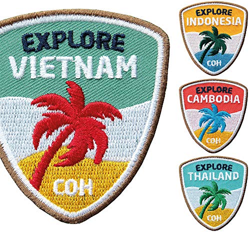 4er-Set Asien Abzeichen 55 x 60 mm/Asien-Reise nach Vietnam Kambodscha Thailand Indonesien/gestickte Aufnäher Aufbügler Sticker Patch/Patches für Backpacker Globetrotter Rucksack-Reise Palme von Club of Heroes