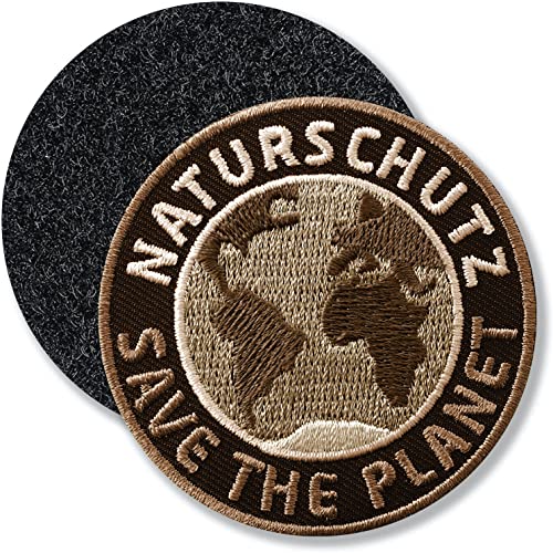 Naturschutz, Save the Planet/Klett-Patch gestickt 60 mm rund/Natur Umwelt Frieden Peace Erde Welt/Klett Patch Patches auf Kleidung Rucksack Taschen (Braun) von Club of Heroes