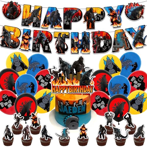 30Pcs Godzilla Geburtstag Party Favor Supplies, Latex Luftballons Geburtstag, Happy Birthday Banner, Cake Topper, Godzilla vs King Kong Dekoration Party Favor Supplies, Kindergeburtstag Party Deko von Clvsyh