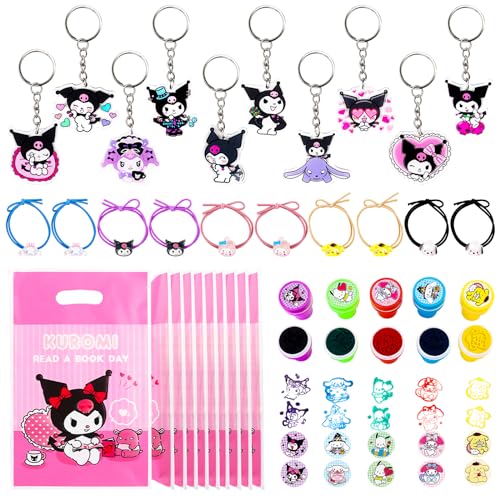 Clvsyh 40 Stück Kuromi Party Mitgebsel Set, Stempel Kinder, Haargummis Mädchen, Schlüsselanhänger Silikon, Anime Geschenktüten, Kuromi Kindergeburtstag Gastgeschenke für Junge und Mädchen von Clvsyh