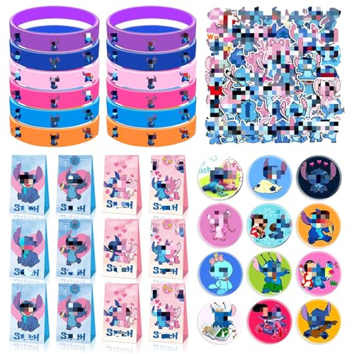 Clvsyh 86Pcs Anime Party Mitgebsel, Kinder Buttons Anstecker, Cartoon Geschenktüten, Silikon Armbänder, Cartoon Aufkleber, Kinder Party Favors von Clvsyh
