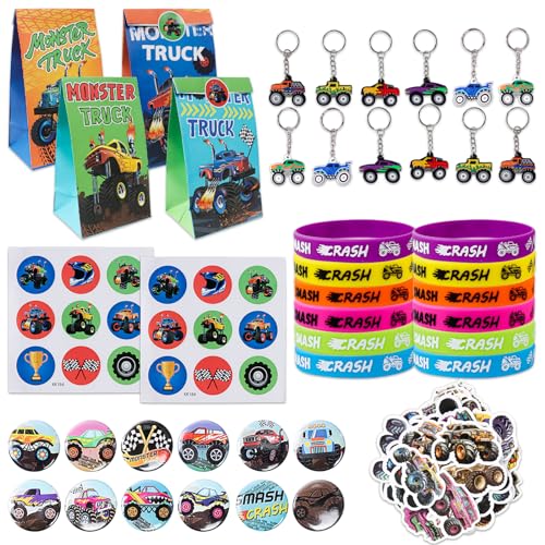 Monster Truck PartyGeschenke, 12 Silikon Armbänder + 12 Pin Badges + 12 Geschenktüten für Kinder + 12 Kinder Truck Schlüsselanhänger + 50 Monster Truck Stickers, Kinder Truck Party Mitgebsel von Clvsyh