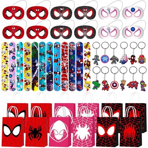 Clvsyh Spiderman Party Mitgebsel, 12 Spiderman Slap Armbänder, 12 Kinder Geschenken Tüten, 12 Schlüsselanhänger Silikon, 12 kinder Masken, Spider-man Party Kindergeburtstag Spielzeug von Clvsyh