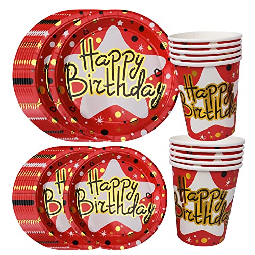 Happy Birthday Partygeschirr Set, 30Pcs Rot Gold Geburtstag Pappteller, Pappbecher Pappteller Happy Birthday Teller, für Junge Mädchen Kindergeburtstag Babyparty Tischdeko Party Deko (Rot) von Clvsyh