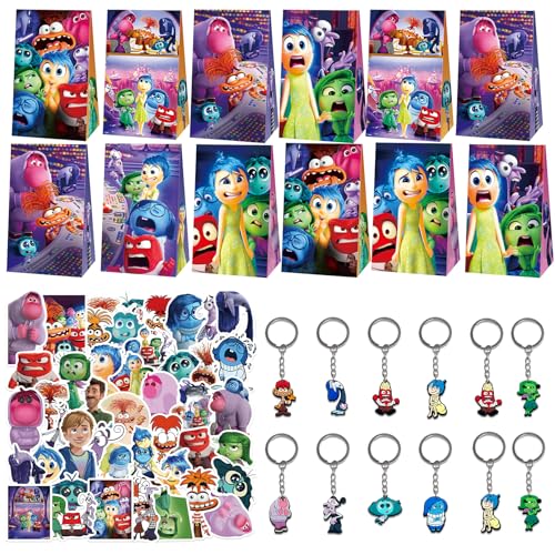 Clvsyh Kinder Geburtstag Party Mitgebsel, Cartoon Inside Give Away für Kinder, 12 Anime Geschenktüten + 12 cartoon Schlüsselanhänger + 50 Wasserfeste Aufkleber, Kinder Geschenke Party Zubehör von Clvsyh