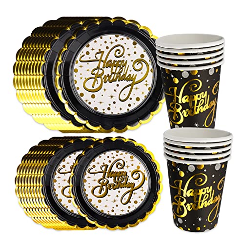 Schwarz Gold Geburtstag Pappteller, 30Pcs Happy Birthday Partygeschirr Set, Pappbecher Pappteller Happy Birthday Teller Partyzubehör, für Kindergeburtstag Junge Mädchen Party Papiergeschirr Tischdeko von Clvsyh