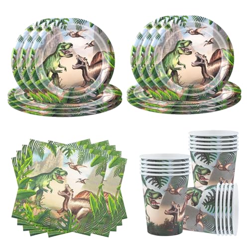 Clybeaut Dinosaurier Partygeschirr Set, 10x Dinosaurier-Zoll-Papierteller + 10x Pappbecher + 20x Papierservietten - Kindertischset mit Dinosaurier-Motive für Feste von Clybeaut