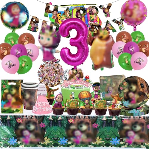 3 Jahren Mädchen und der Bär Gebutstag Geschirr,Mädchen und der Bär Geburtstag Dekoration Set,146pcs Mädchen und der Bär Geburtstag Party Set,Tischdecke,Banner und Servietten von Clybeaut