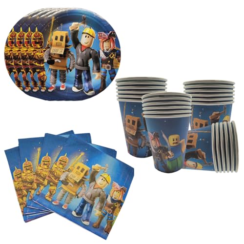 Clybeaut Rob-lox Partygeschirr Set, 10x Rob-lox-Zoll-Papierteller + 10x Pappbecher + 20x Papierservietten - Kindertischset mit Rob-lox-Motive für Feste von Clybeaut