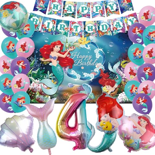 26pcs Ariel Geburtstagsdeko,Ariel Luftballon Geburtstag,Meerjungfrau Geburtstag Party Set,Banner Happy Birthday,Geeignet für 4 Jahren Geburtstagspartys von Clybeaut