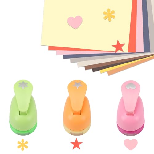 3 Stück Motivstanzer, 15mm Papier Ausstanzer Motivlocher mit 10 Kartonpapier, Mini Papierstanzer Motivstanzer Ausstanzer Stanzer set, Stern Herz Schneeflocke Stanzer Kinder für Basteln DIY Handwerk von Clyfanesy
