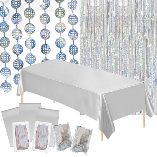 7 Stück schillernde Party-Dekorationen, Geburtstag, holografische Metallic-Discokugel-Girlande, Banner, Einweg-Tischdecke, Lametta-Folie, Fransenvorhänge, Junggesellinnenabschied, Zubehör 7 Stück schillernde Party-Dekorationen, Geburtstag, holografische Metallic-Discokugel-Girlande, Banner, Einweg-Tischdecke, Lametta-Folie, Fransenvorhänge, Junggesellinnenabschied, Zubehör von Cmaone
