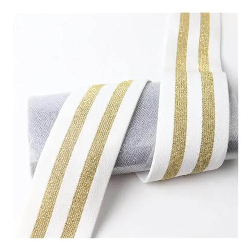 Cmis Kbei Elastisches Band, 40 mm dick, gestreift, flach, Polyesterfaser, elastisches Gurtband, Heimwerken, Gürtel, Rock, Gürtel, Nähzubehör (2 m, Goldweiß, 2 m) von Cmis Kbei