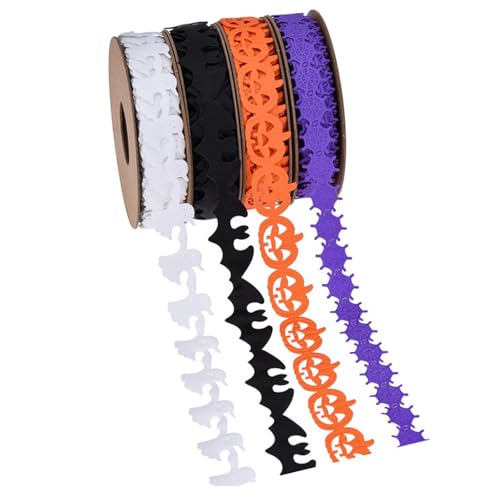 4 Rolls Halloween Ribbon 10.9 Meter geprägt Halloween Dekorationen Kürbis, Fledermaus, Geister, Spinnen -Mi -Formblattbänder zum Verpacken, Dekorationen von Cndiyald