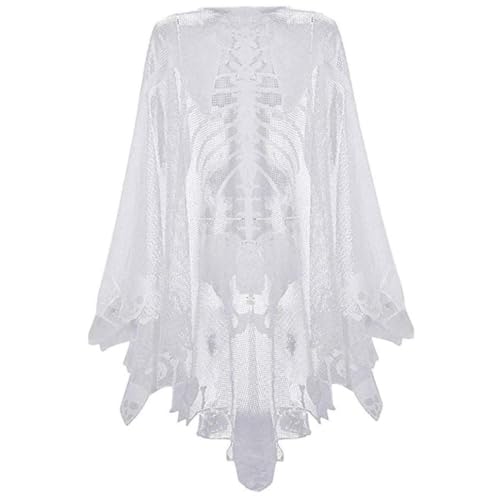 Cndiyald 1pc Halloween Skelett Poncho, Spitzenponcho für Frauenschädelknochen Halloween Poncho Halloween Kostümkap für Halloween -Skelettkostüm (Weiß, L) Skelettponcho von Cndiyald