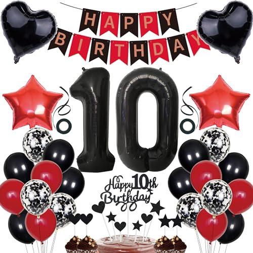 10. Geburtstag Deko Junge Mädchen Tortendeko 10 Geburtstag Girlande Schwarz Rot Deko 10 jahre Geburtstag Party Deko 10th Ballons Konfetti luftballon Zahl 10 Luftballons 10.ter Geburtstag Dekoration von Cnrose