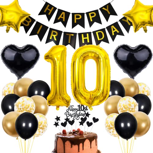 Cnrose 10. Geburtstag Dekoration - Schwarz Gold Party Deko für Junge und Mädchen - Tortendeko für 10 Jahre Cnrose 10. Geburtstag Dekoration - Schwarz Gold Party Deko für Junge und Mädchen - Tortendeko für 10 Jahre von Cnrose