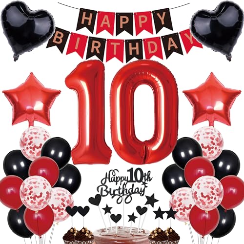 10. Geburtstag Dekorationen Junge Mädchen Deko Geschenk für 10. Geburtstag Tortendeko 10 Geburtstag Mädchen Happy Birthday Banner Rot Schwarz Deko Set 10 jahre Geburtstag deko Zahl 10 Party Ballons von Cnrose