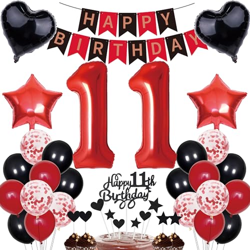 11. Geburtstag Dekorationen Junge Mädchen Deko Geschenk für 11. Geburtstag Tortendeko 11 Geburtstag Mädchen Happy Birthday Banner Rot Schwarz Deko Set 11 jahre Geburtstag deko Zahl 11 Party Ballons von Cnrose