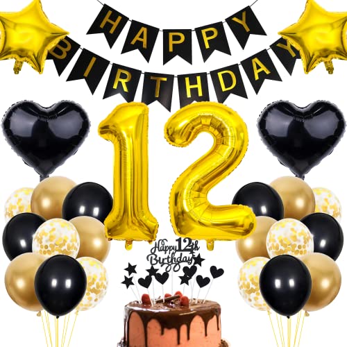 Cnrose 12. Geburtstag Dekoration - Schwarz Gold Party Deko für Junge und Mädchen - Tortendeko Set Cnrose 12. Geburtstag Dekoration - Schwarz Gold Party Deko für Junge und Mädchen - Tortendeko Set von Cnrose