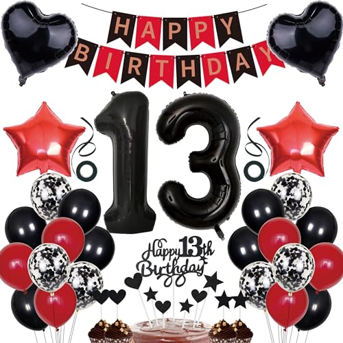 13. Geburtstag Deko Junge Mädchen Tortendeko 13 Geburtstag Girlande Schwarz Rot Deko 13 jahre Geburtstag Party Deko 13th Ballons Konfetti luftballon Zahl 13 Luftballons 13.ter Geburtstag Dekoration von Cnrose