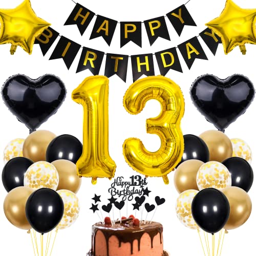 Cnrose 13. Geburtstag Dekoration - Schwarz Gold Party Deko für Junge und Mädchen - Tortendeko für 13 Jahre Cnrose 13. Geburtstag Dekoration - Schwarz Gold Party Deko für Junge und Mädchen - Tortendeko für 13 Jahre von Cnrose