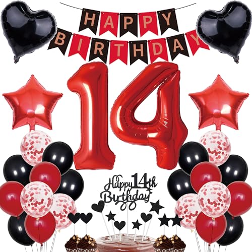 14. Geburtstag Dekorationen Junge Mädchen Deko Geschenk für 14. Geburtstag Tortendeko 14 Geburtstag Mädchen Happy Birthday Banner Rot Schwarz Deko Set 14 jahre Geburtstag deko Zahl 14 Party Ballons von Cnrose