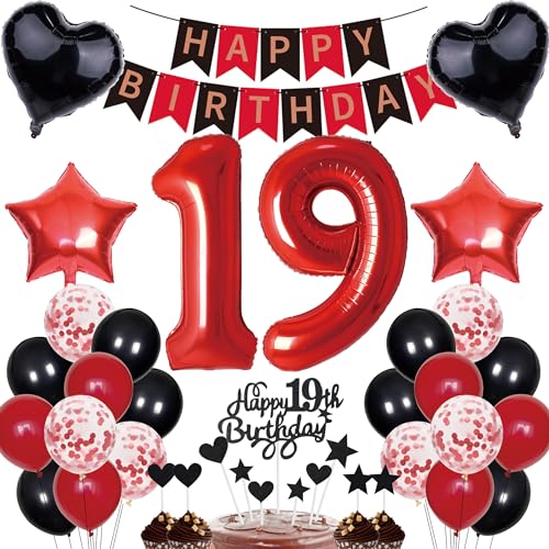 19. Geburtstag Dekorationen Junge Mädchen Deko Geschenk für 19. Geburtstag Tortendeko 19 Geburtstag Mädchen Happy Birthday Banner Rot Schwarz Deko Set 19 jahre Geburtstag deko Zahl 19 Party Ballons von Cnrose