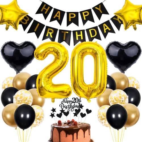 Cnrose 20. Geburtstag Dekoration - Schwarz Gold Party Deko für Männer und Frauen - Tortendeko für 20 Jahre Cnrose 20. Geburtstag Dekoration - Schwarz Gold Party Deko für Männer und Frauen - Tortendeko für 20 Jahre von Cnrose