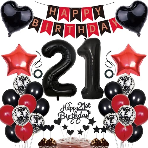 21. Geburtstag Deko Mann Frauen Tortendeko 21 Geburtstag Girlande Schwarz Rot Deko 21 jahre Geburtstag Party Deko 21th Ballons Konfetti luftballon Zahl 21 Luftballons 21.ter Geburtstag Dekoration von Cnrose