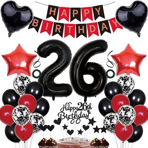 26. Geburtstag Deko für Mann und Frauen - Tortendeko, Girlande Schwarz Rot, Party Dekoration Set mit Ballons, Konfetti, Luftballons Zahl 26 von Cnrose
