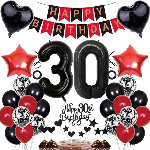 30. Geburtstag Deko Mann Frauen Tortendeko 30 Geburtstag Girlande Schwarz Rot Deko 30 jahre Geburtstag Party Deko 30th Ballons Konfetti luftballon Zahl 30 Luftballons 30.ter Geburtstag Dekoration von Cnrose