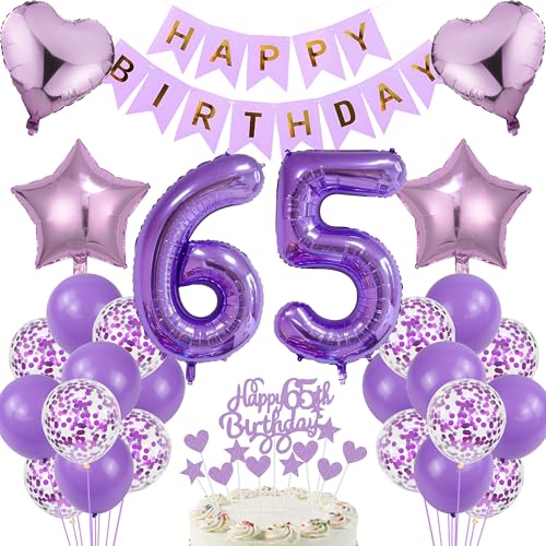 65.Geburtstag Deko Lila Frau–Folienballon Zahl 65 Luftballons Banner mit Tortendeko Set,Party Dekoration Geburtstagsdeko Frauen Mädchen wiederverwendbar Helium Konfetti Ballon Zubehör Geschenk Ideen von Cnrose