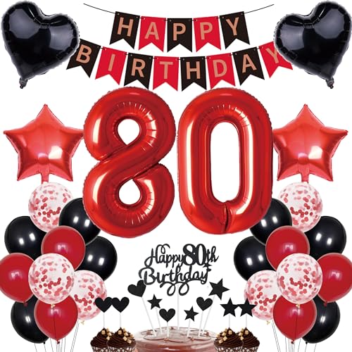 80. Geburtstag Dekorationen Mann Frauen Deko Geschenk für 80. Geburtstag Tortendeko 80 Geburtstag Frauen Happy Birthday Banner Rot Schwarz Deko Set 80 jahre Geburtstag deko Zahl 80 Party Ballons von Cnrose