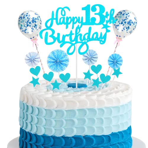 Cnrose Hello 13 Cake Topper - Tortendeko für 13. Geburtstag Junge/Mädchen - Blau mit Herz, Stern, Ballon - Happy 13th Birthday Kuchendeko von Cnrose