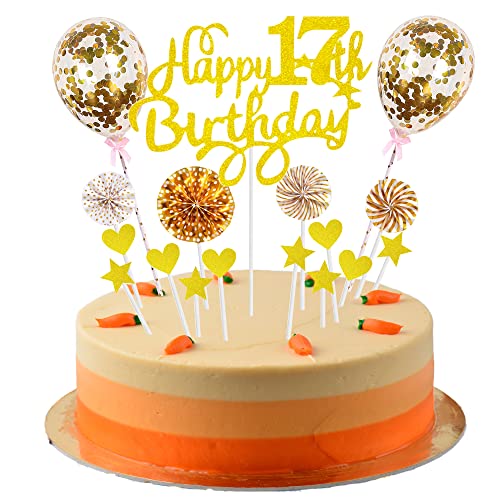 Cnrose Tortendeko junge 17. Geburtstag Hello 17 Cake Topper Gold mit Herz Stern Ballon Kuchendeko 17. Geburtstag mädchen Happy 17th Birthday Tortendeko 17 jahre mädchen junge 17 Geburtstag mädchen von Cnrose