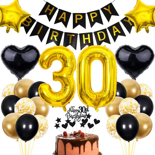 Cnrose 30. Geburtstag Dekoration - Schwarz Gold Party Deko für Männer und Frauen - Tortendeko für 30 Jahre Cnrose 30. Geburtstag Dekoration - Schwarz Gold Party Deko für Männer und Frauen - Tortendeko für 30 Jahre von Cnrose