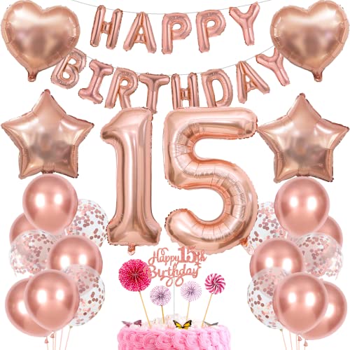 Deko 15. Geburtstag Mädchen Tortendeko Rosegold - Geschenk für 15 Jahre Mädchen Mit Ballon von Cnrose
