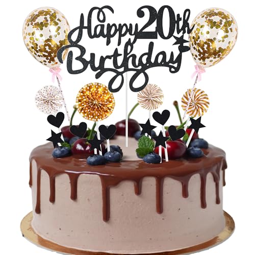 Cnrose Tortendeko Mann Frauen 20. Geburtstag Hello 20 Cake Topper schwarz gold mit Herz Stern Ballon Kuchendeko 20. Geburtstag Happy 20th Birthday Tortendeko 20 jahre Mann 20 Geburtstag Frauen von Cnrose